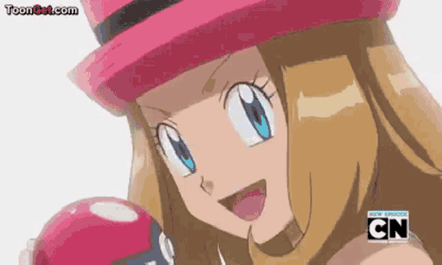 a cartoon girl is wearing a pink hat and holding a pokeball .