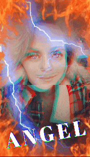 a woman with a lightning bolt behind her and the word angel on the bottom right