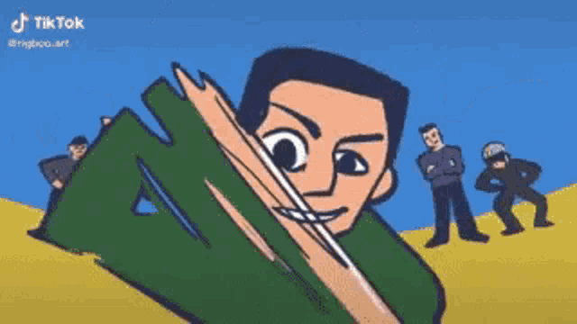 a cartoon of a man holding a pencil in front of his face and a group of people standing around him .