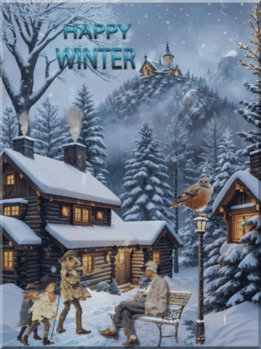 a painting of a happy winter scene