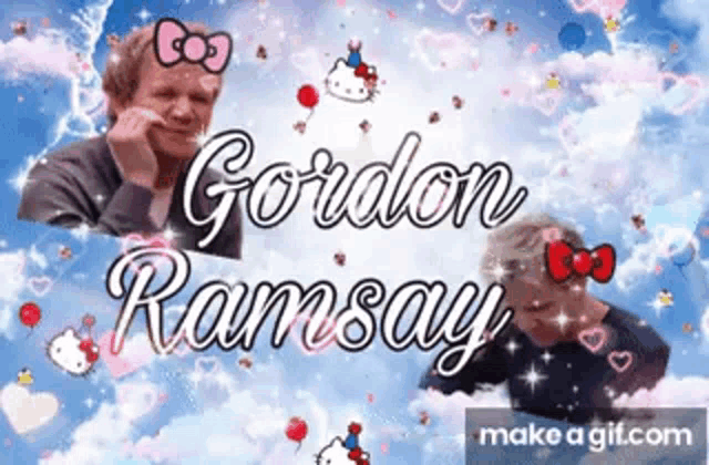 a picture of gordon ramsay is surrounded by hello kitty and hearts .