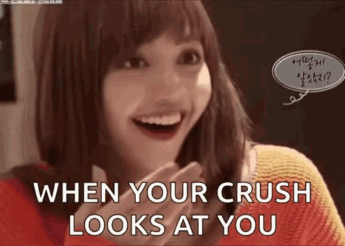 a girl is smiling and laughing with the words `` when your crush looks at you '' written next to her .