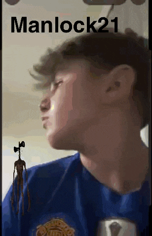 a man in a blue shirt has a siren head on his shoulder .