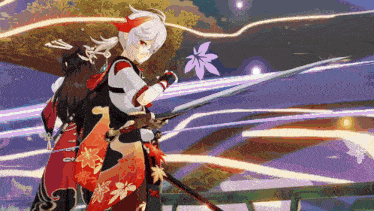 a cartoon character is holding a sword and a flower