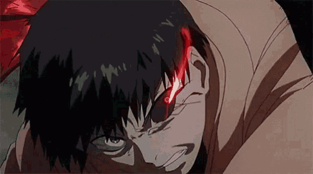 a close up of a person 's face with a red eye .