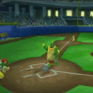 a frog is standing on a baseball field in front of a sign that says 4