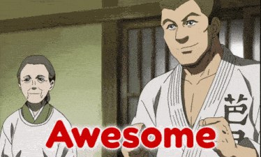 a man and a woman are standing next to each other and the words awesome are visible