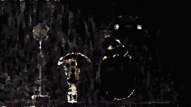 a pixelated image of a person in a dark room with a sign that says ' i 'm sorry ' on it