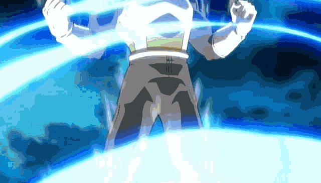 a cartoon character with a white shirt and black pants is standing in front of a blue background