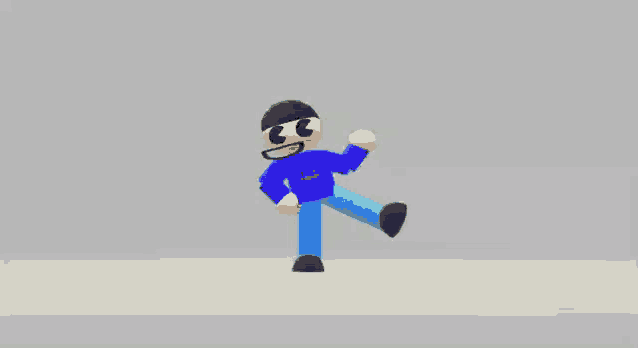 a cartoon character wearing a blue shirt and blue pants is dancing .