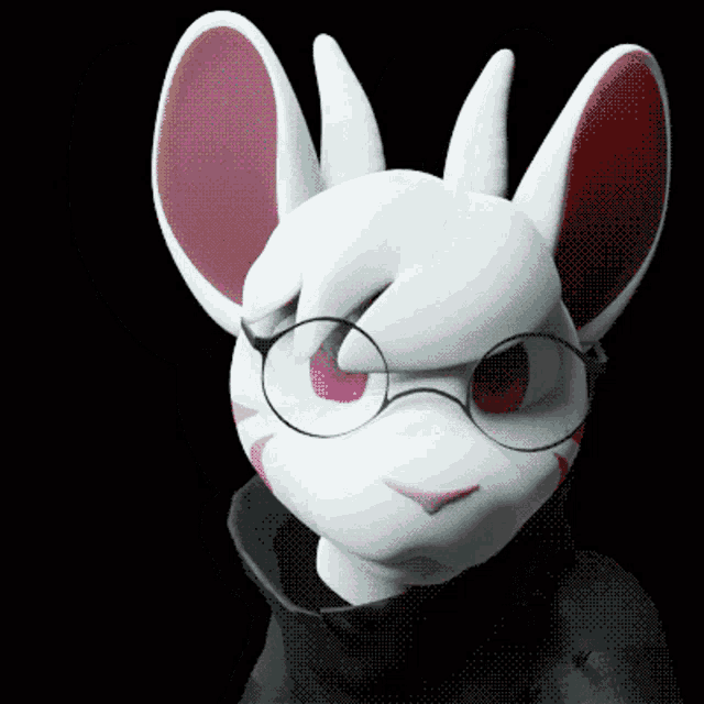 a white rabbit wearing glasses and a black sweater