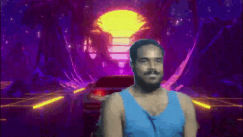 a man in a blue tank top is standing in front of a purple background with a car in the background .