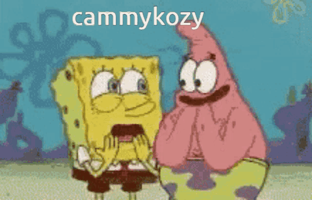 a cartoon of spongebob and patrick standing next to each other with the words cammykozy above them .