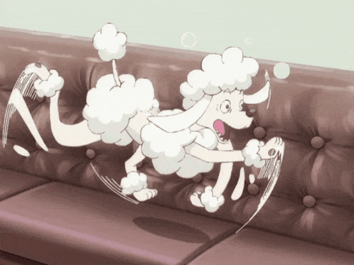 a cartoon drawing of a white poodle sitting on a couch