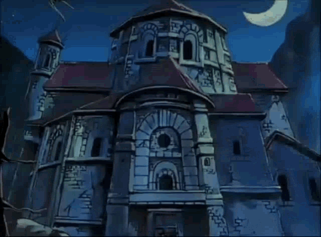 a cartoon drawing of a castle with a red roof