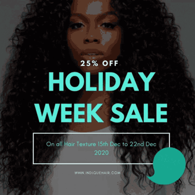 a poster for a holiday week sale with a woman with curly hair