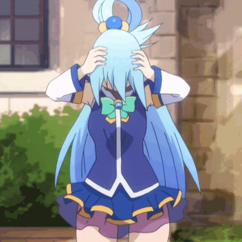 a cartoon character with blue hair and a bow on her head