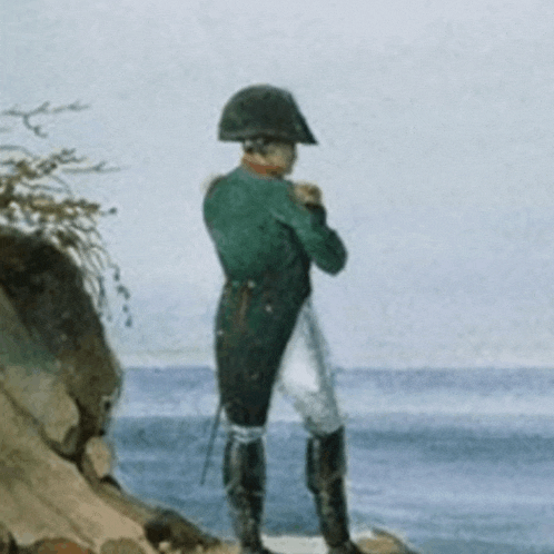 a painting of a man standing on a cliff overlooking a body of water