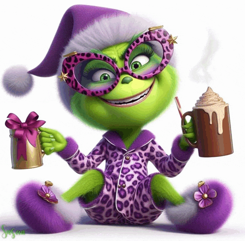 a green cartoon character wearing a santa hat and glasses holds a mug of hot chocolate