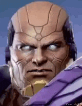 a close up of a cartoon character 's face with a purple helmet on .