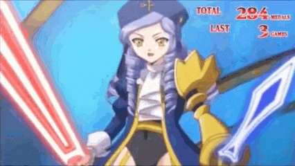 a girl with purple hair is holding a sword in a video game .