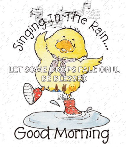 a cartoon duck is singing in the rain with a good morning message