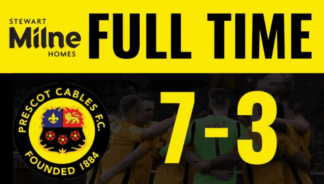 a full time advertisement for prescot cables fc shows a group of players hugging