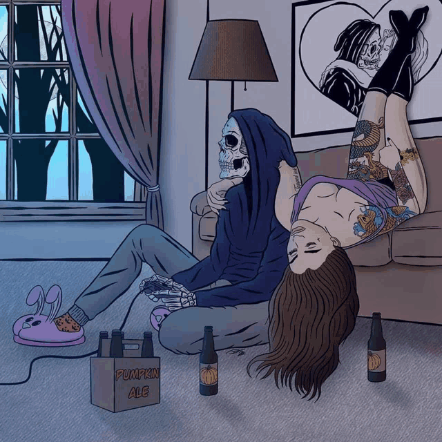 a box of pumpkin ale sits on the floor next to a woman