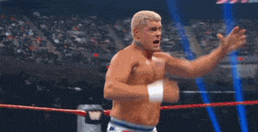 a wrestler is standing in a wrestling ring with his arm in the air .