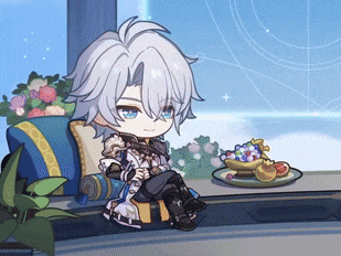 a cartoon character is sitting in front of a window with a plate of food in front of him