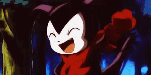 a cartoon character with a red scarf around his neck laughs