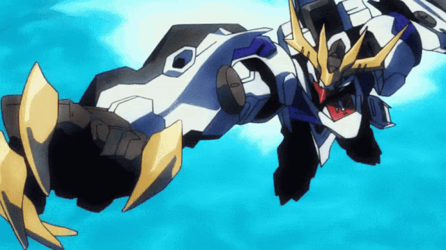 a robot is flying through the air with a blue sky behind it