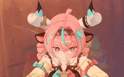 a girl with pink hair and horns in a video game is looking at the camera .