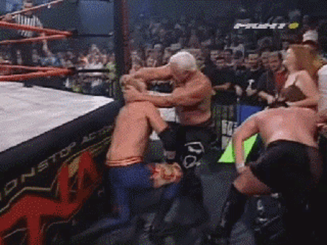 a group of wrestlers are fighting in a ring with a sign that says pro wrestling on it
