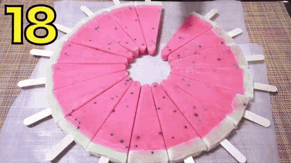 a circle of watermelon slices on sticks with the number 18 on top