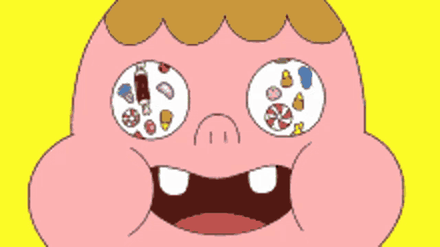 a close up of a cartoon character 's face with cereal in his eyes