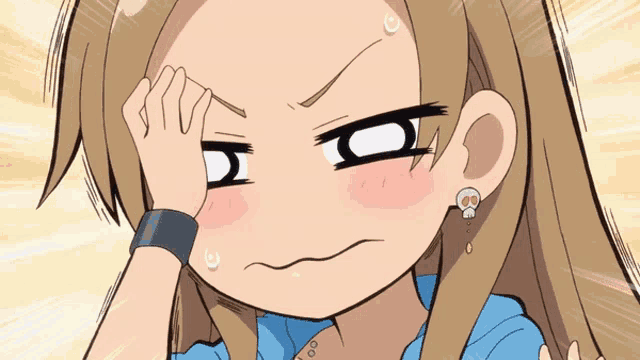 a cartoon girl with a skull earring has her hand on her head