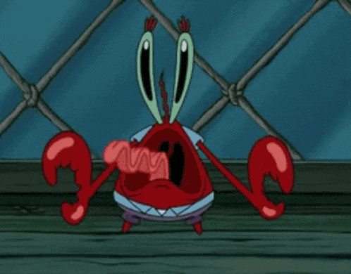 a cartoon of a crab holding a piece of meat with his mouth open