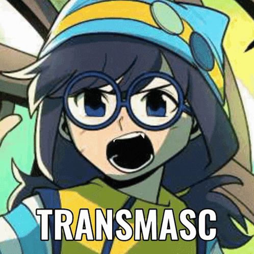 a cartoon girl wearing glasses and a blue hat is screaming with the words transmasc written above her .