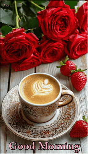 a cup of coffee is on a saucer next to strawberries and roses with the words good morning below it