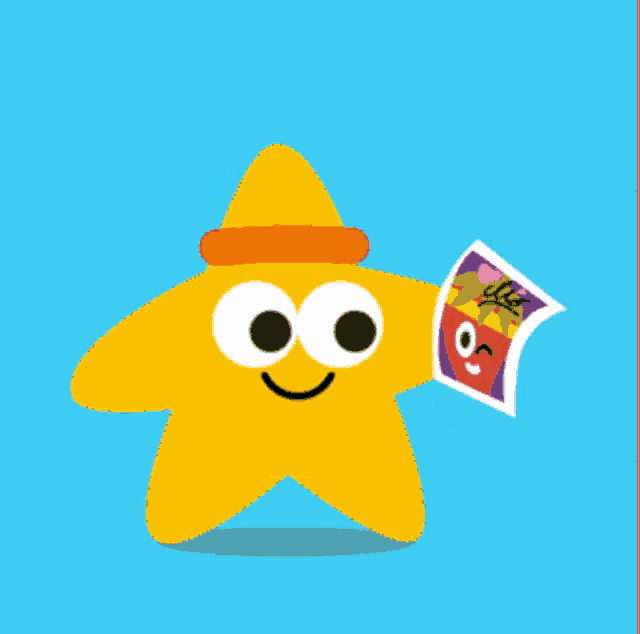 a yellow star is holding a piece of paper with a picture of a pineapple on it