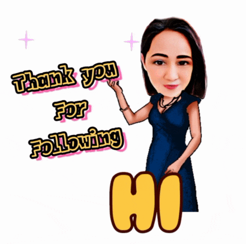 a cartoon of a woman saying " thank you for following hi "