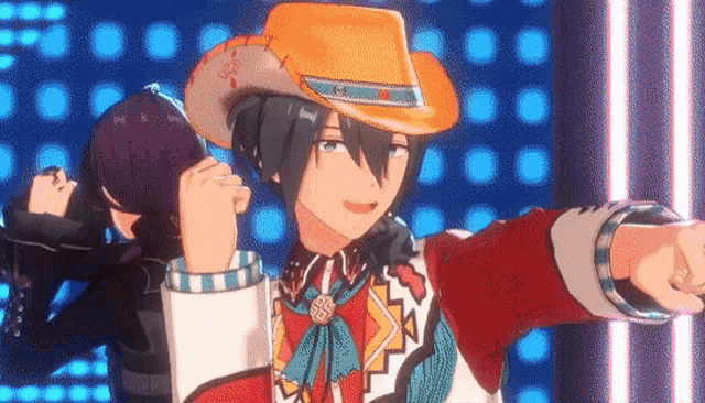 a man wearing a cowboy hat and a red jacket is pointing at something .