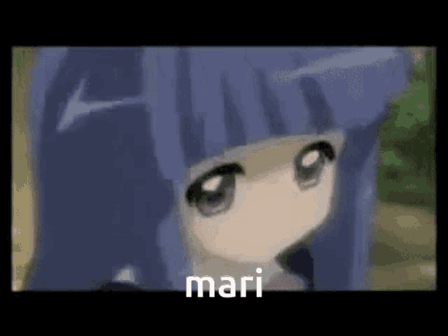 a close up of a cartoon girl with purple hair and the word mari written on the bottom .
