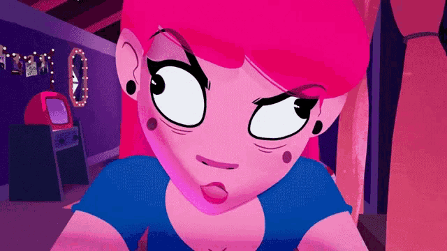 a close up of a cartoon character with pink hair and a blue shirt