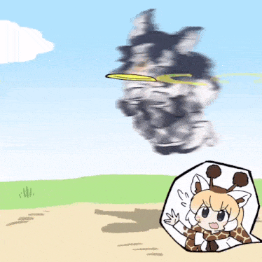 a cartoon of a giraffe catching a frisbee with a wolf in the background