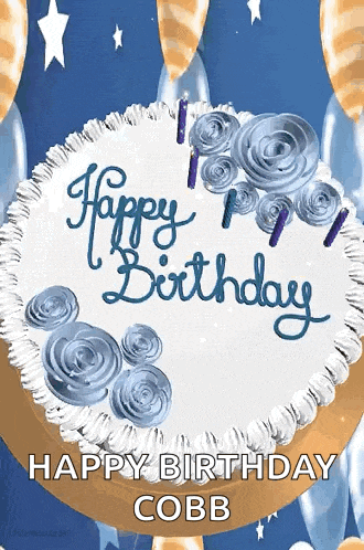 a birthday cake with blue frosting and candles on it