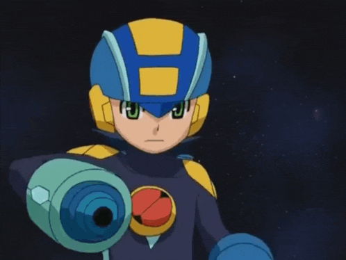 a cartoon character with a blue helmet and a red button on his chest