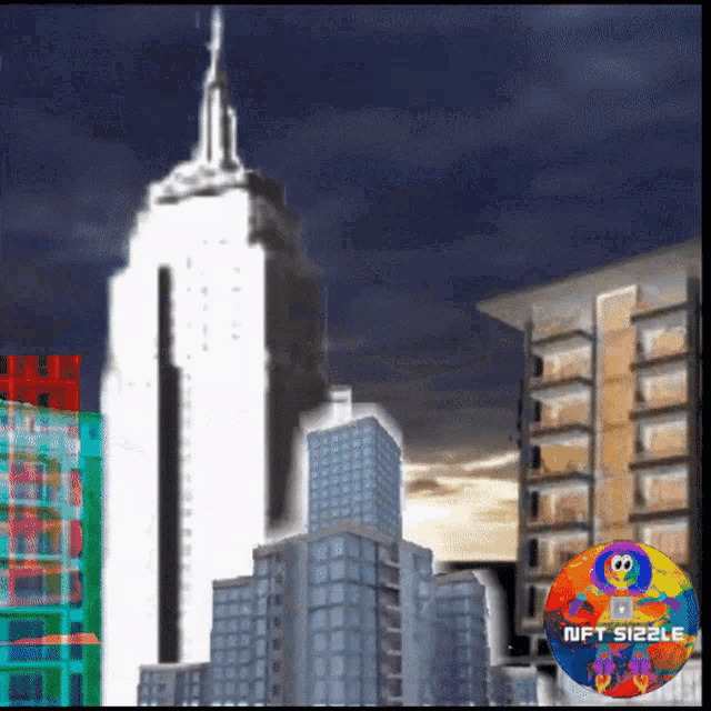 a picture of a city with nft sizzle written on the bottom