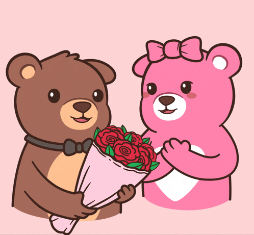 a brown teddy bear giving a pink teddy bear a bouquet of red roses